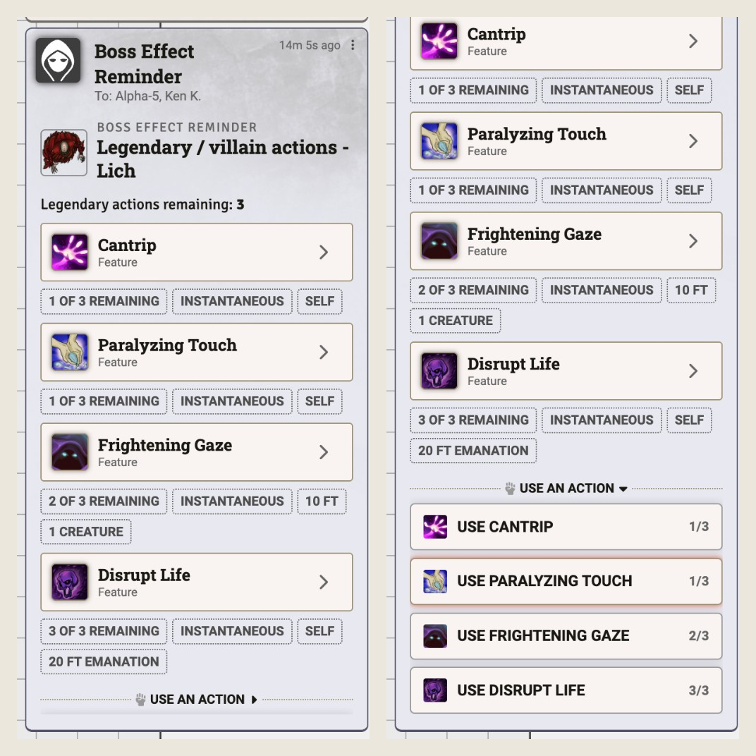 Boss Effect Reminder legendary action reminder card and expanded Use an Action tray in Foundry VTT