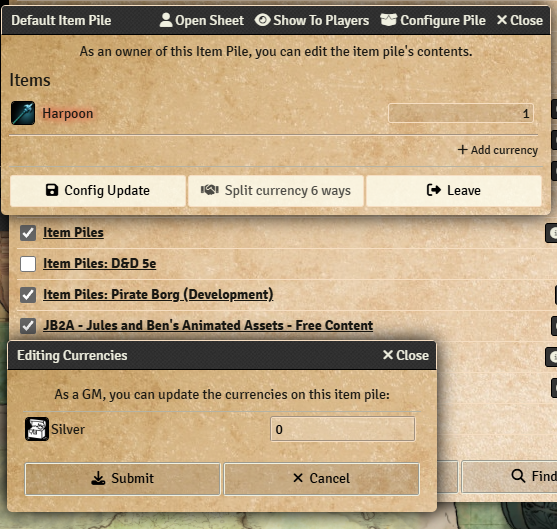 Item Piles Pirate Borg item pile sheet, module configuration, and silver currency in Foundry VTT
